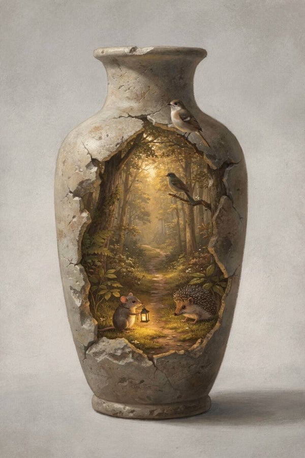 Boslicht in de Vaas – schilderij met muis, egel en vogels