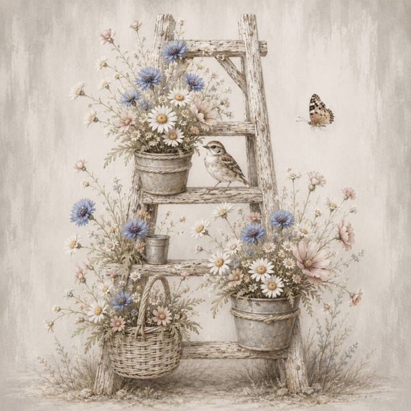 Ladder vol Bloemen – landelijk schilderij met musje en veldbloemen