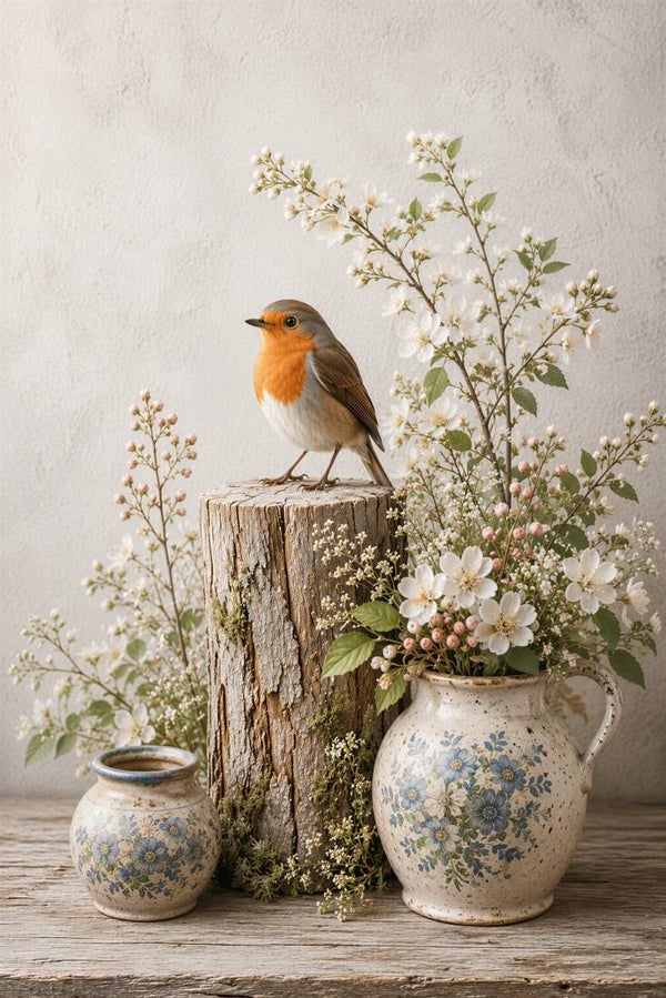 Roodborst in Bloesem – landelijk schilderij met vogel en bloemen