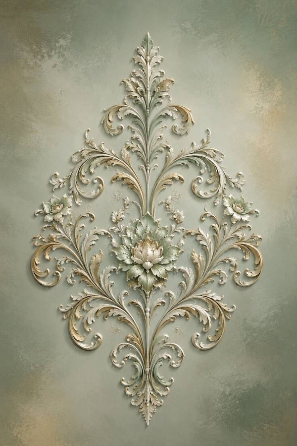 Saliegroen Ornamentbloem – landelijk schilderij met sierlijk bloemmotief