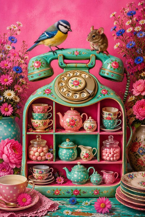 De Tijd voor Thee – vintage telefoon schilderij met servies vogel en muis