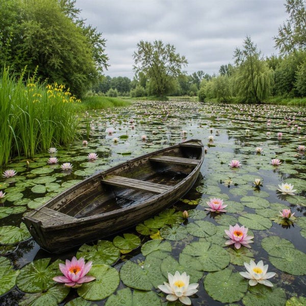 De Bloeiende Waterlelievijver – landschap met roeiboot en waterlelies