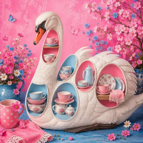 De Theeservieszwaan – zwaan schilderij met servies bloemen kleurrijk landelijk