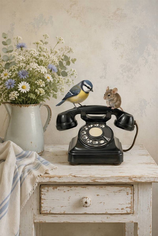 De Lijn Blijft Open – landelijk schilderij met muis, koolmees en vintage telefoon