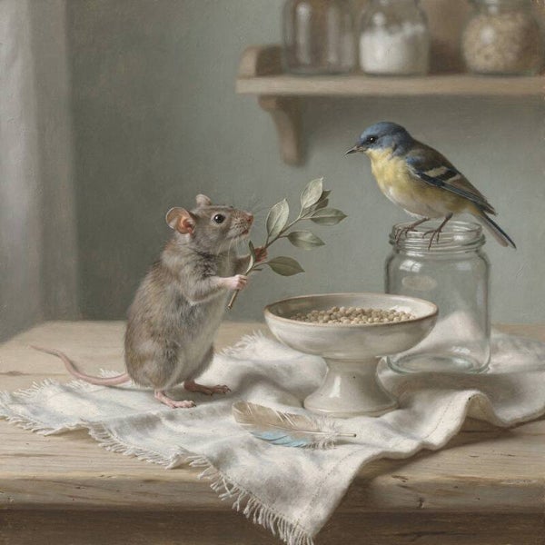Een takje voor jou – schilderij met muis en vogel in zacht stilleven