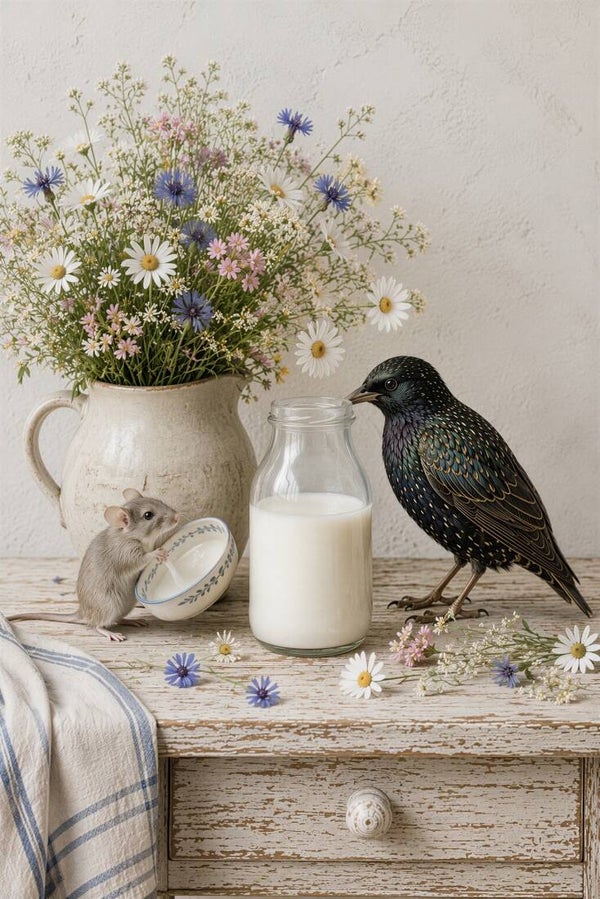 Kleine Keukenkijkers – landelijk schilderij met muis, spreeuw en melkfles