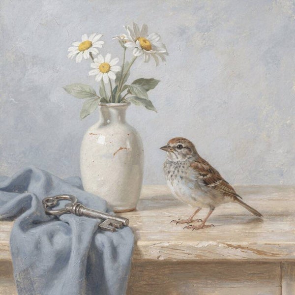De kleine wachter – landelijk schilderij met mus, sleutel en madeliefjes