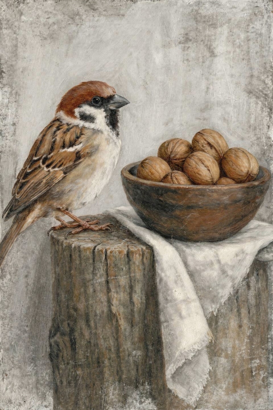 Rustpunt – landelijk schilderij mus met walnoten op hout
