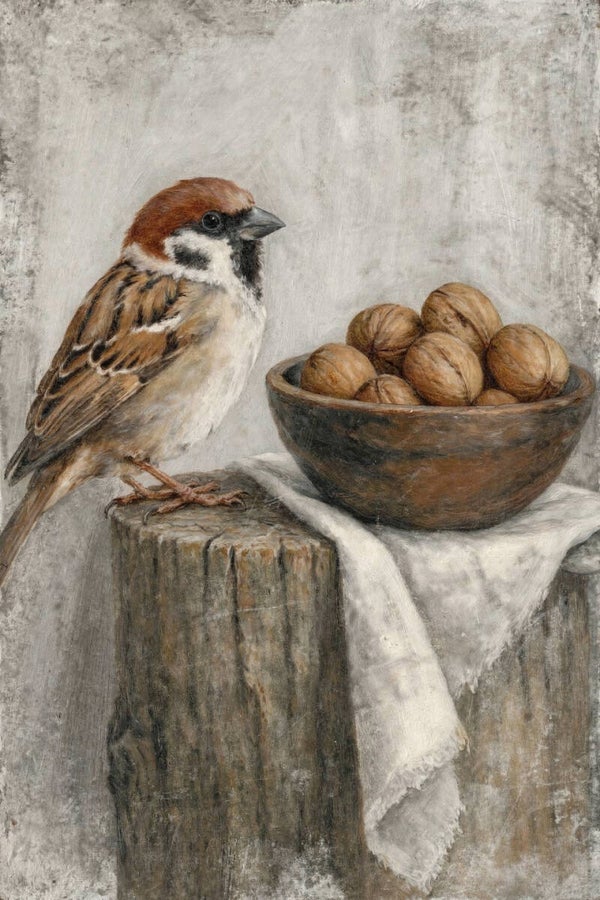Rustpunt – landelijk schilderij mus met walnoten op hout