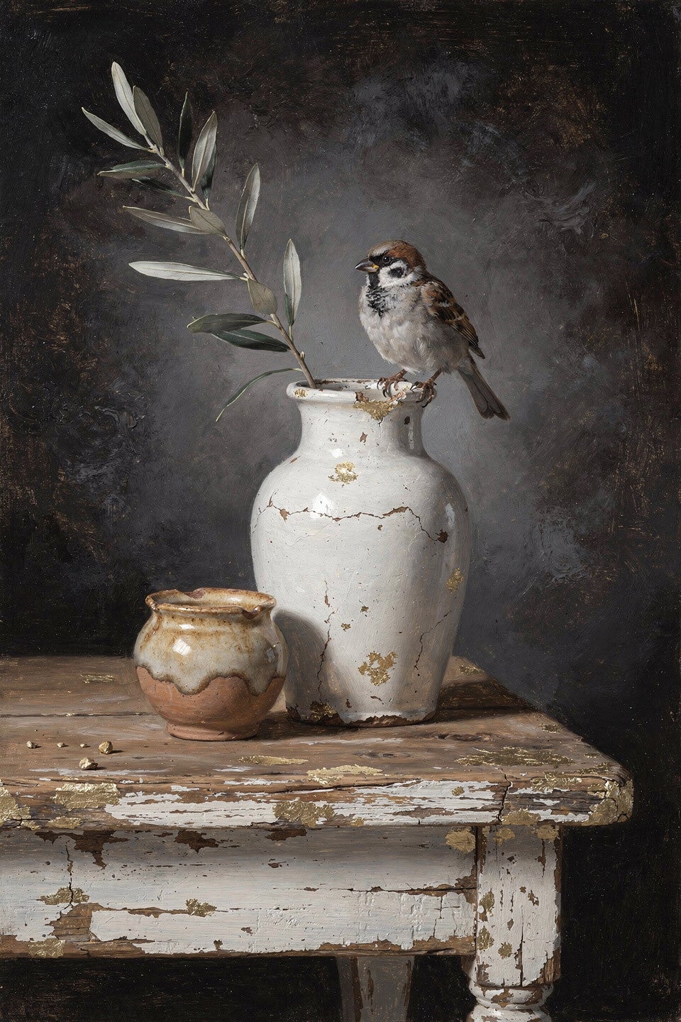 Schilderij Mus op Rustieke Witte Vaas – Bruin & Goud – Landelijk Wonen