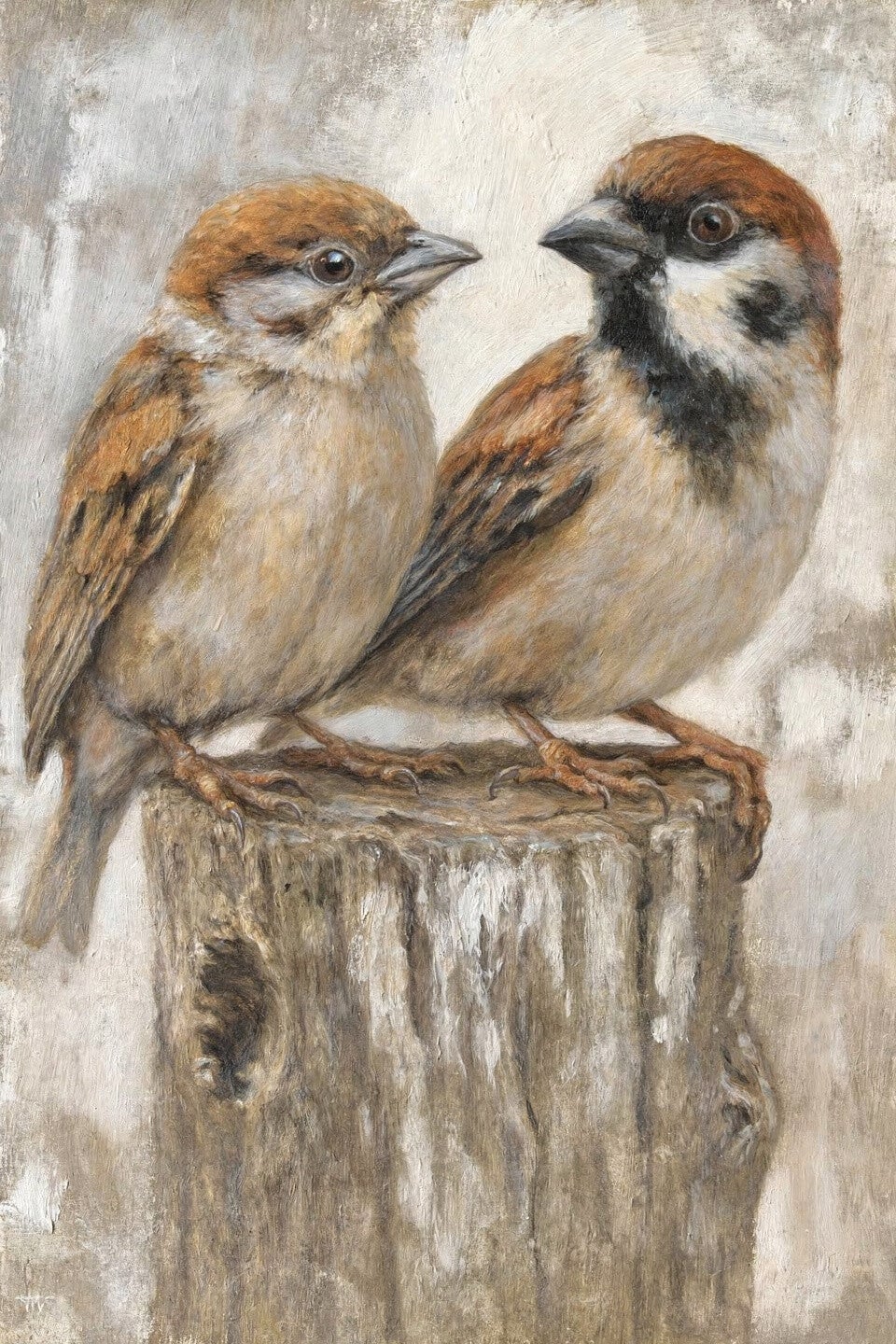 Stil Duo – landelijk schilderij mussen op houten stronk