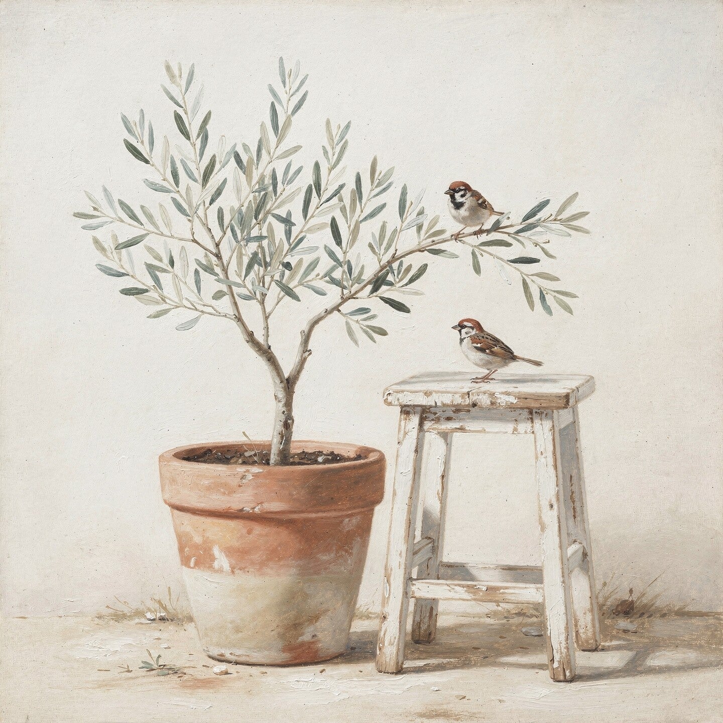 Musjes bij Olijfboom – landelijk canvas schilderij met twee musjes in een olijfboom