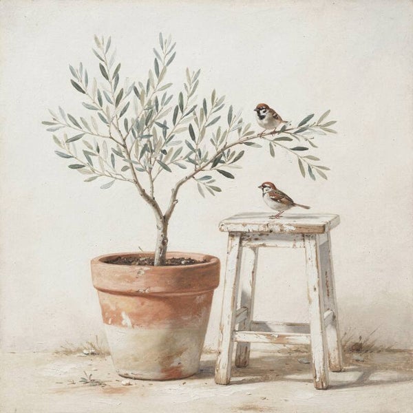 Schilderij Musjes bij Olijfboom op Wit Krukje – Antiek Wit & Terracotta – Landelijk Wonen