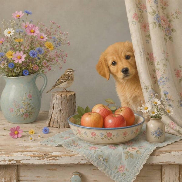 Achter het Gordijn – landelijk schilderij puppy mus bloemen appels