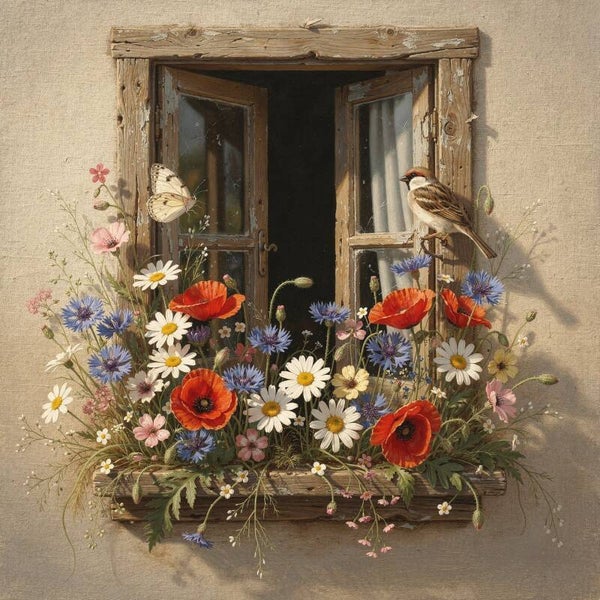 Open raam in bloei – landelijk schilderij met veldbloemen en musje