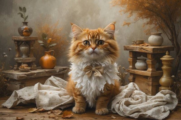 Herfstkatje in Linnenkant – landelijk schilderij met rode kat