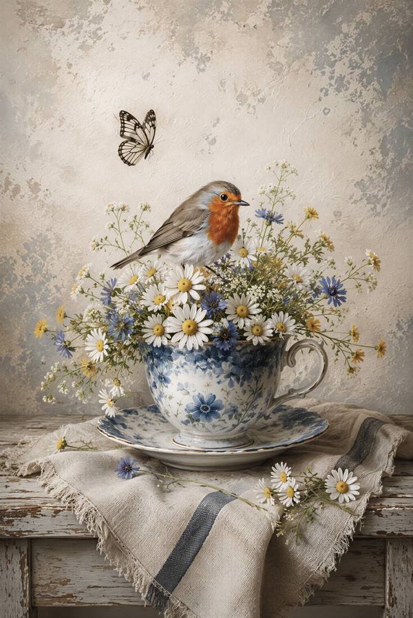 Roodborst in Bloemenkop – landelijk schilderij met vogel en veldbloemen