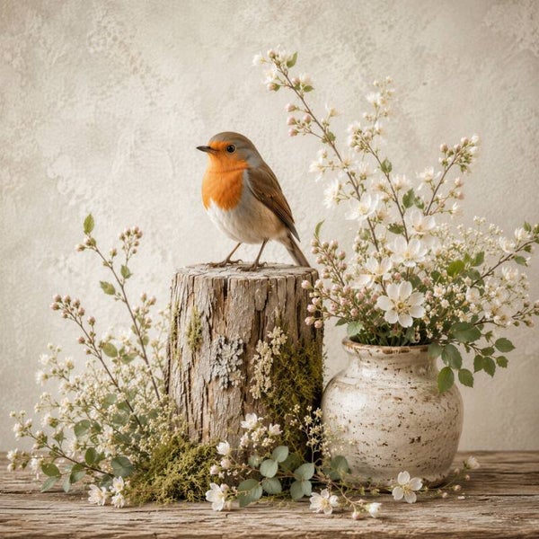 Roodborstje tussen Bloesem – landelijk schilderij met vogel en bloemen