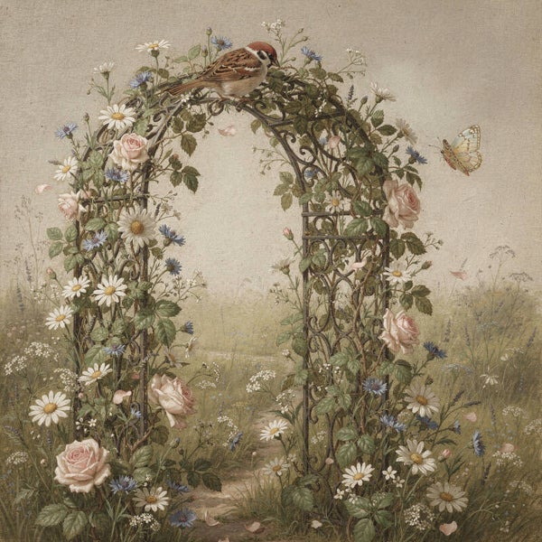 Tuinpoort in bloei – landelijk schilderij met rozen en musje