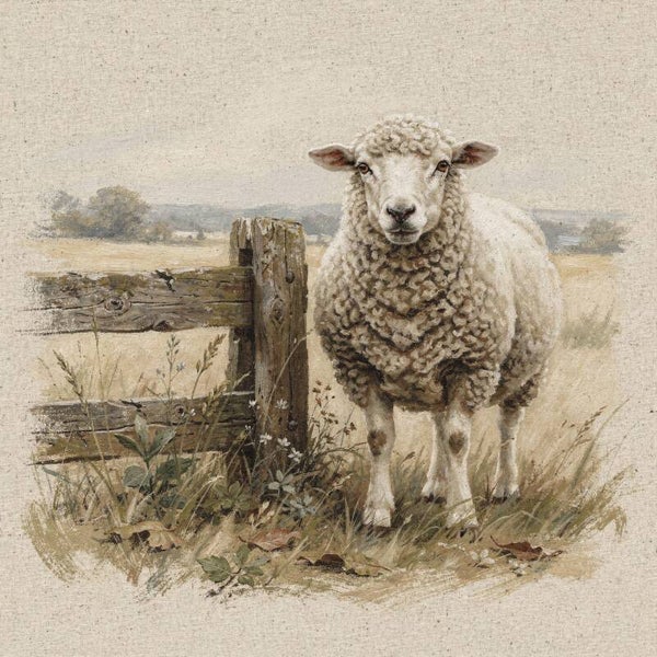 Schaap bij het hek – landelijk schilderij met boerderijdier