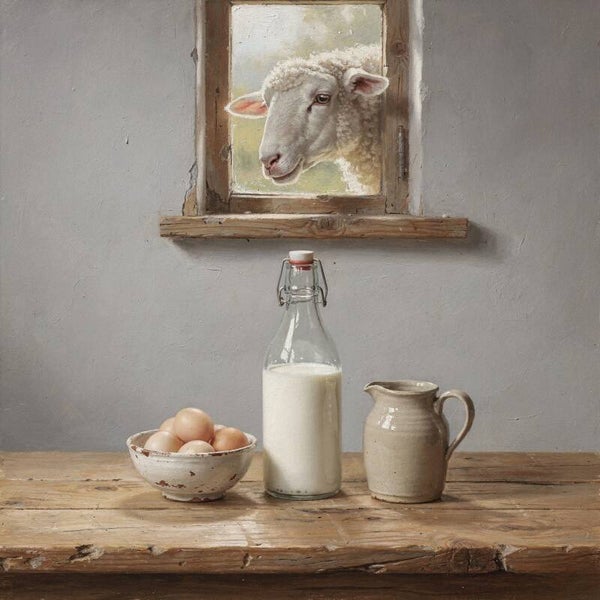 Verse melk bij het raam – landelijk schilderij met schaap, eieren en kruik