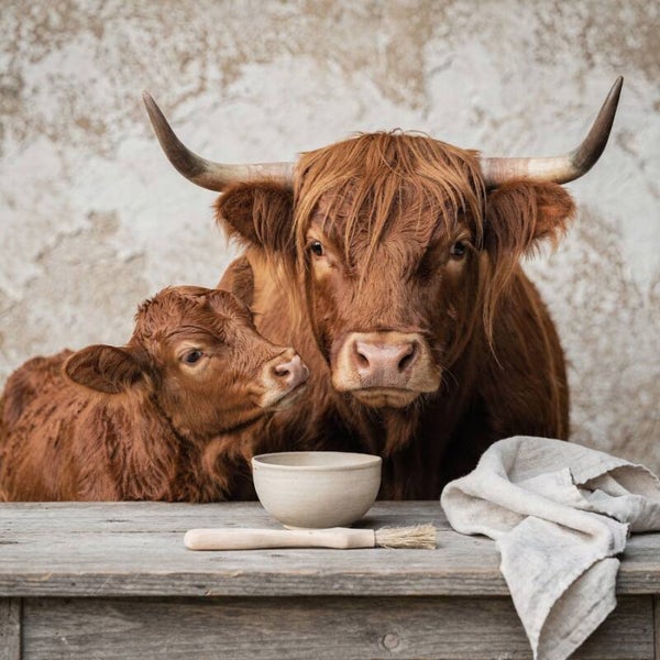 Rustiek Portret Schotse Hooglander met Kalf – Warm Bruin & Off-white – Landelijk Wonen