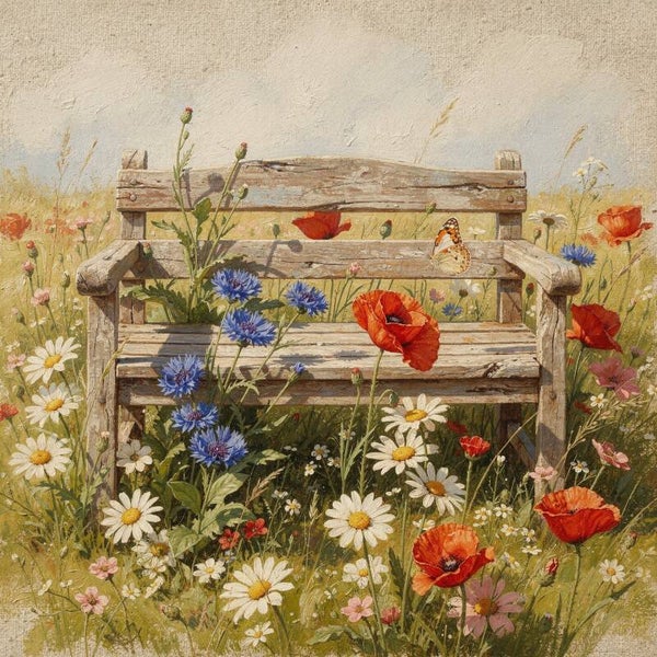Bankje tussen de bloemen – landelijk schilderij met veldbloemen