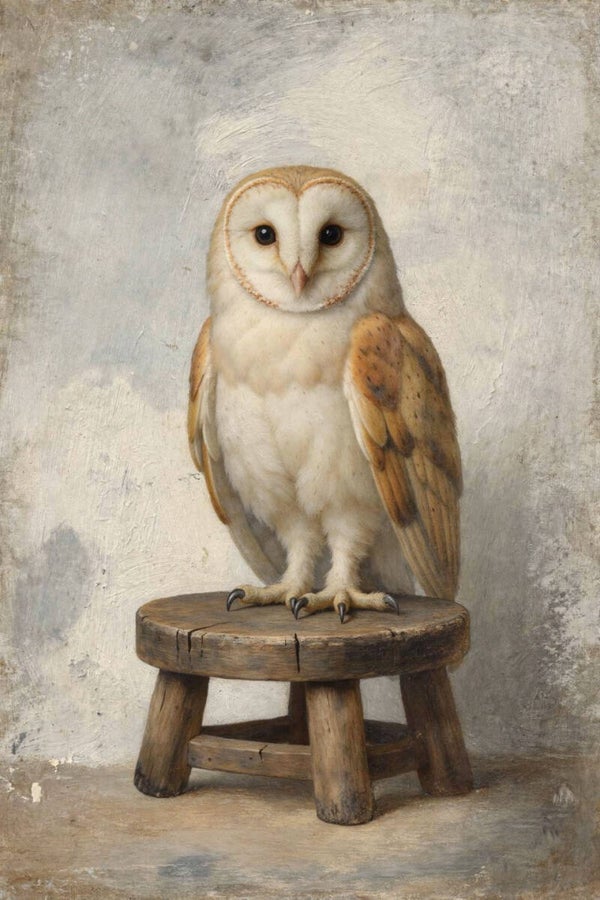 Stille Waker – landelijk schilderij uil op houten kruk