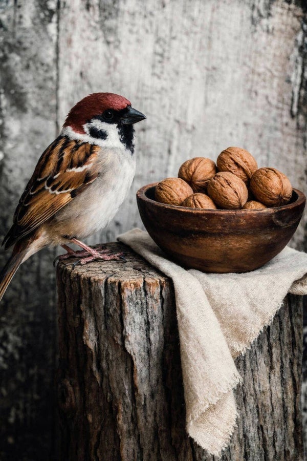 Mus & Walnoten – landelijk vogel schilderij op boomstam