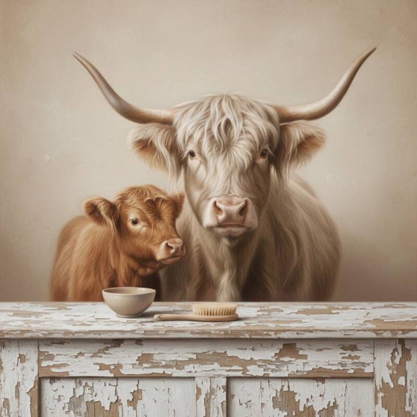 Schilderij Schotse Hooglander met Kalf bij Witte Tafel – Zand & Off-white – Landelijk Schilderij