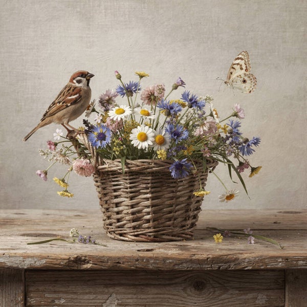 Zomermand – landelijk schilderij met veldbloemen en musje