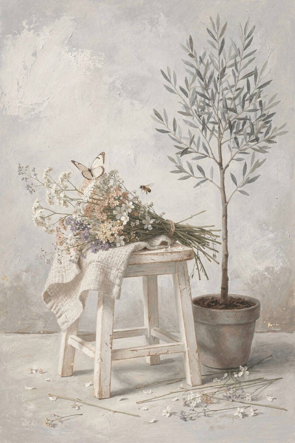 Stilte in bloei – landelijk schilderij met veldboeket en olijfboom
