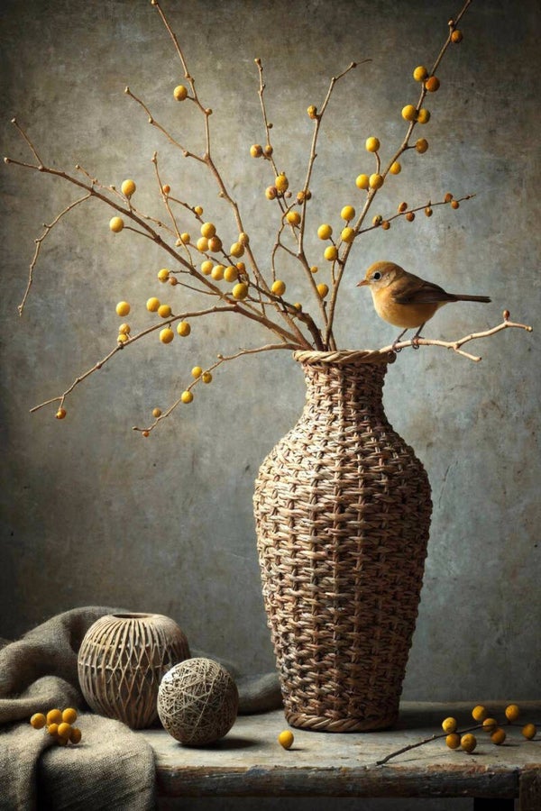 Goudtak aan de Rand – landelijk schilderij met vogel en gevlochten vaas