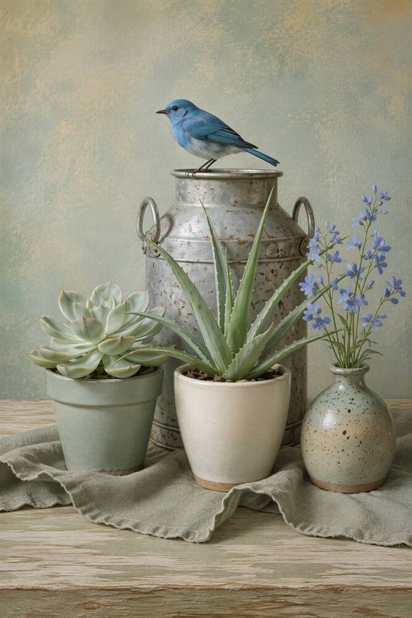Blauw Vogeltje op de Melkbus – landelijk schilderij vogel vetplanten melkbus