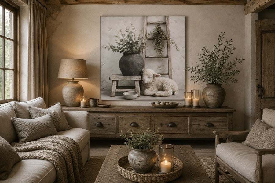 Stoer en sober landelijk schilderij in een sfeervol warm interieur