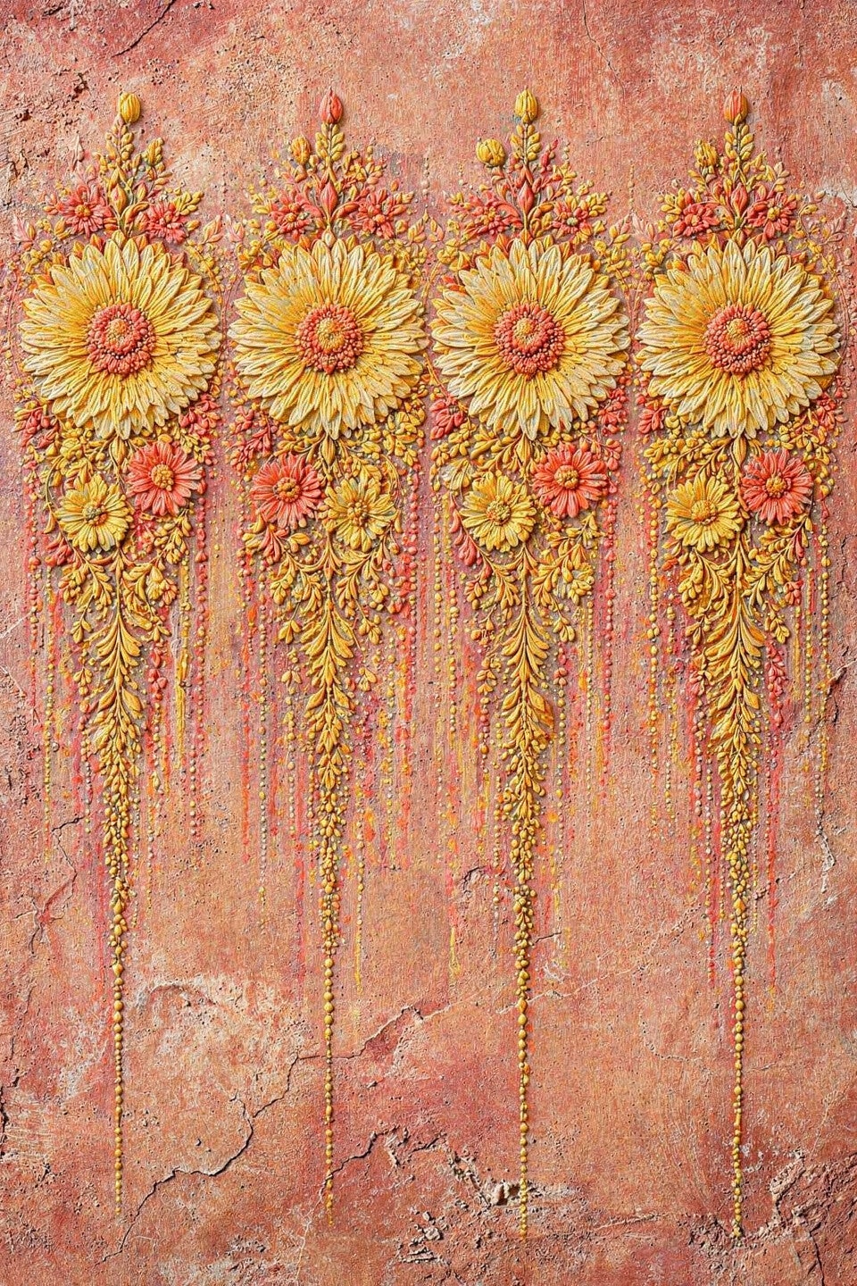 Zonnebloem Ornament – landelijk schilderij met gele bloemen in warme tinten