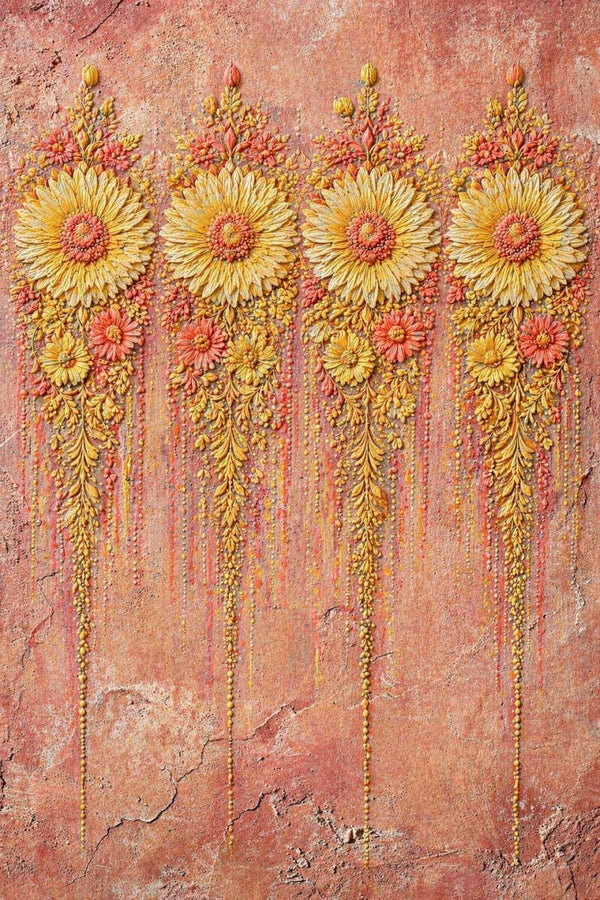 Zonnebloem Ornament – landelijk schilderij met gele bloemen in warme tinten