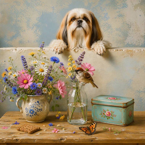 Bloemenbezoek – landelijk schilderij Shih Tzu mus bloemen vlinder