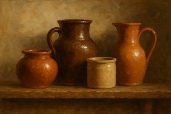 Keuken schilderij aardewerken kannen – landelijk stilleven in warme tinten