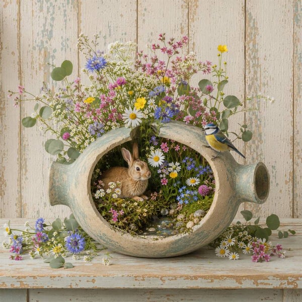 Verborgen Tuin – konijn vogel bloemen schilderij landelijk kruik bloemen