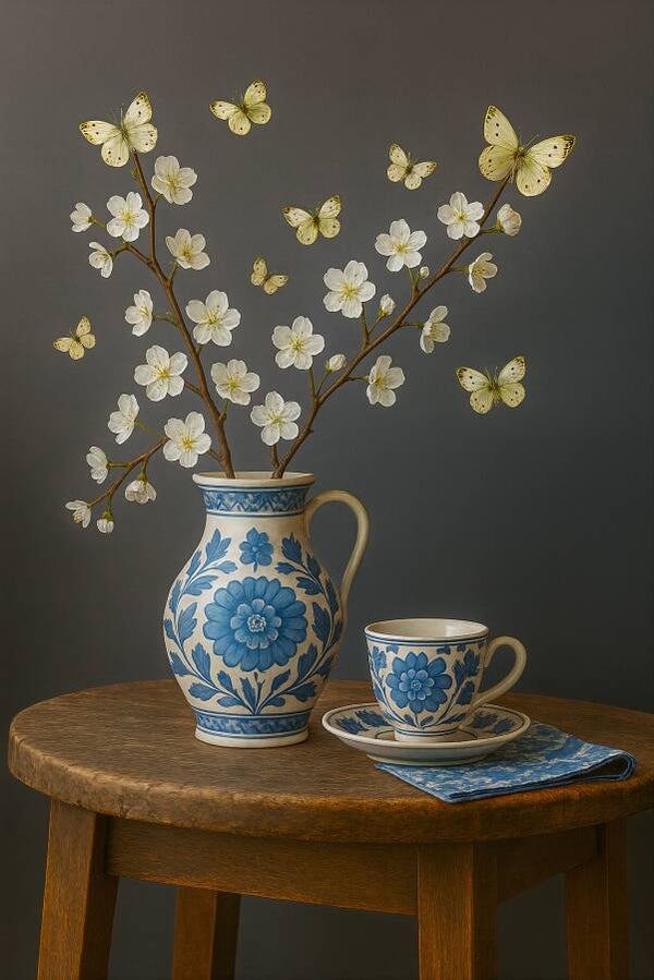 Landelijke rust – Delfts blauw bloemen stilleven met servies
