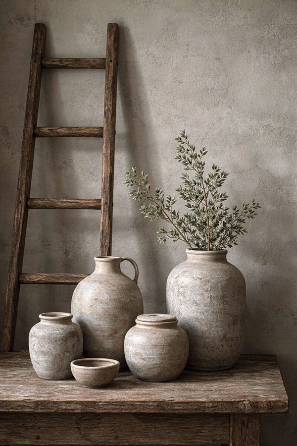 Landelijk stilleven met kruiken en ladder – wanddecoratie voor landelijk interieur