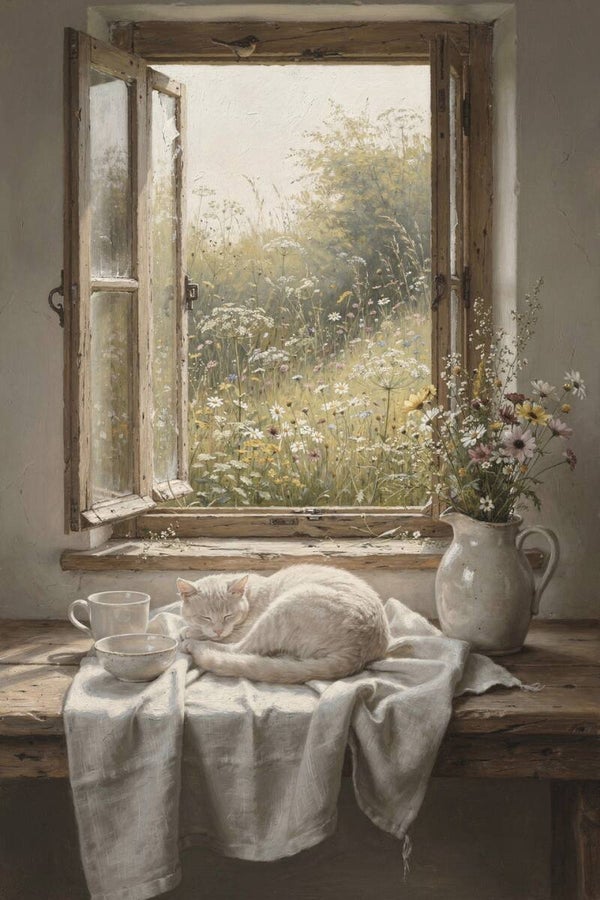 Ochtendstilte bij het open raam – landelijk schilderij met witte kat en veldbloemen