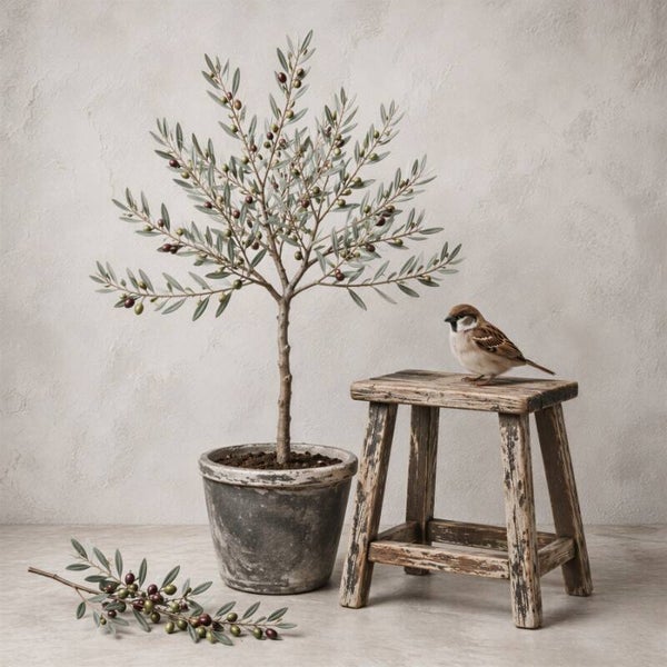 Olijf & Mus – landelijk stilleven schilderij met olijfboom en vogel