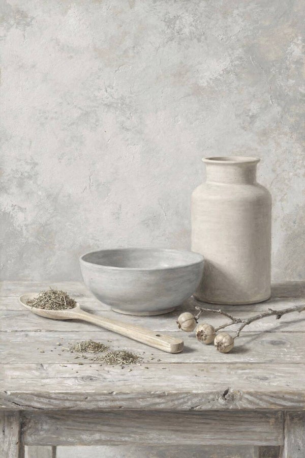 Rustiek Stilleven met Kruik & Houten Lepel – Lichtgrijs & Naturel – Landelijk Wonen