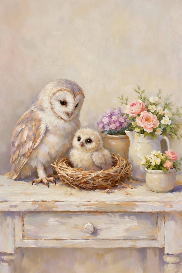 Veertjesliefde – uil schilderij met jong, landelijke bloemenkunst