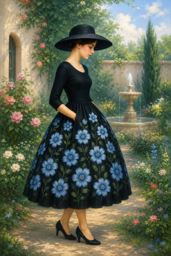 Blauwe Bloementuin – landelijk vrouw schilderij met bloemenjurk