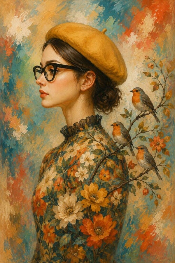 Vogelgedachten – landelijk vrouw schilderij met roodborstjes en bloemen