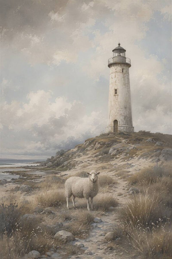 Kustwachter – zee vuurtoren schilderij met schaap