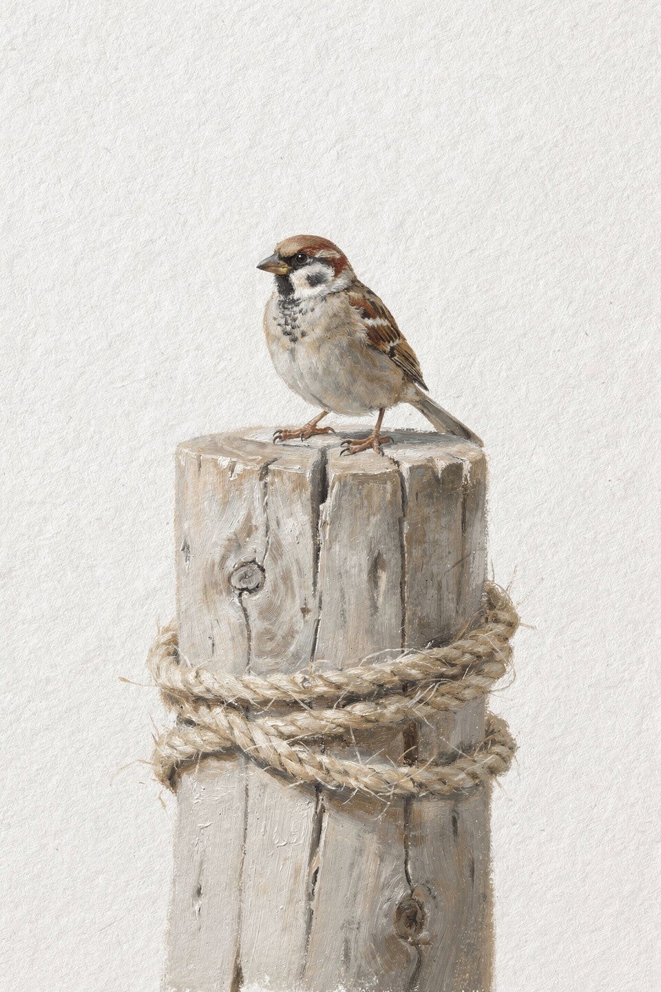 Schilderij Musje op Rustiek Houtblok met Touw – Naturel & Gebroken Wit – Landelijk Wonen